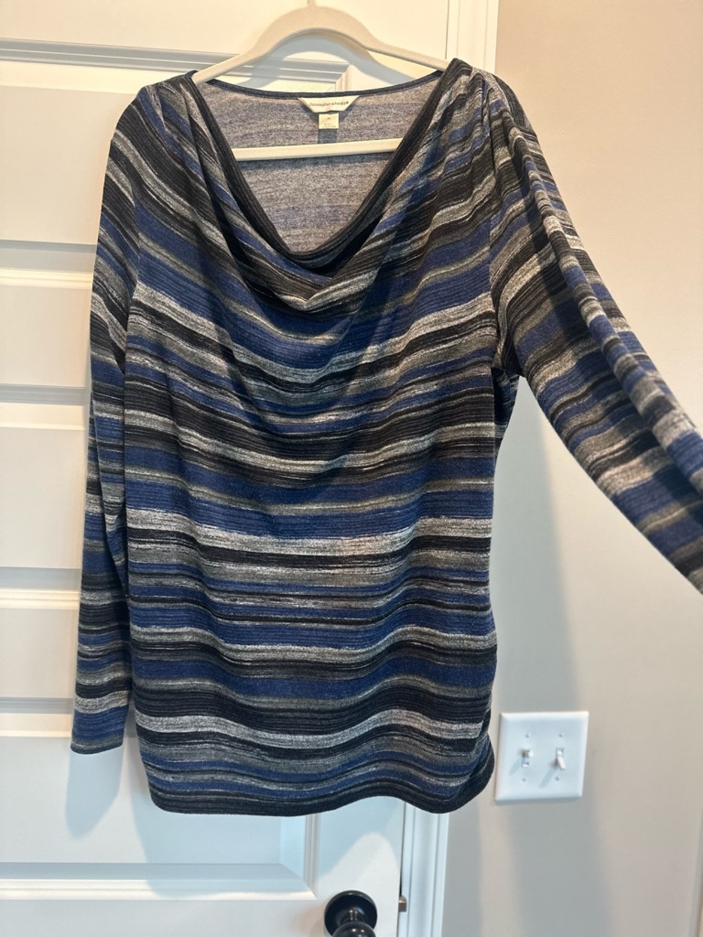 CJ Banks Blue and Gray Striped Cowl Neck Sweater